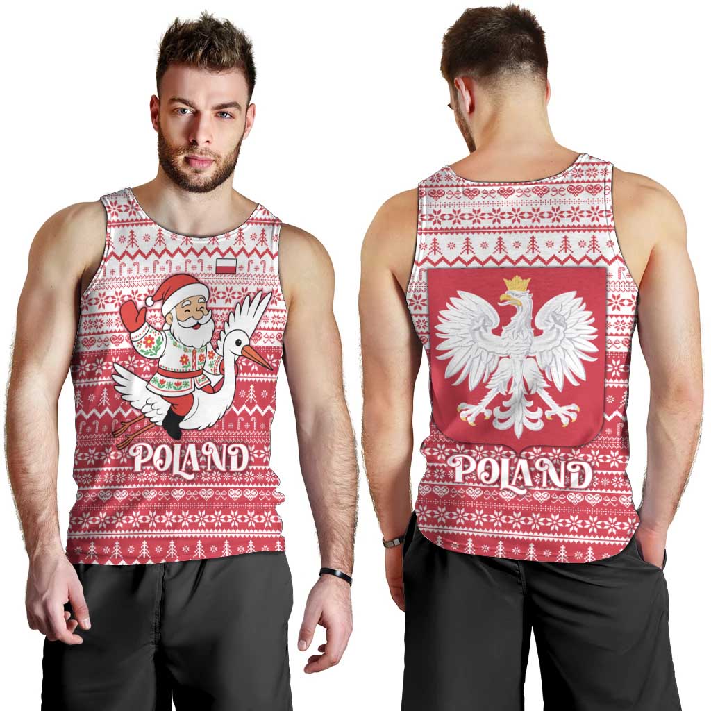 Poland Christmas Men Tank Top with Santa Riding Stork White Eagle Emblem and Red Snowflake Knit Pattern Design - Wonder Print Shop