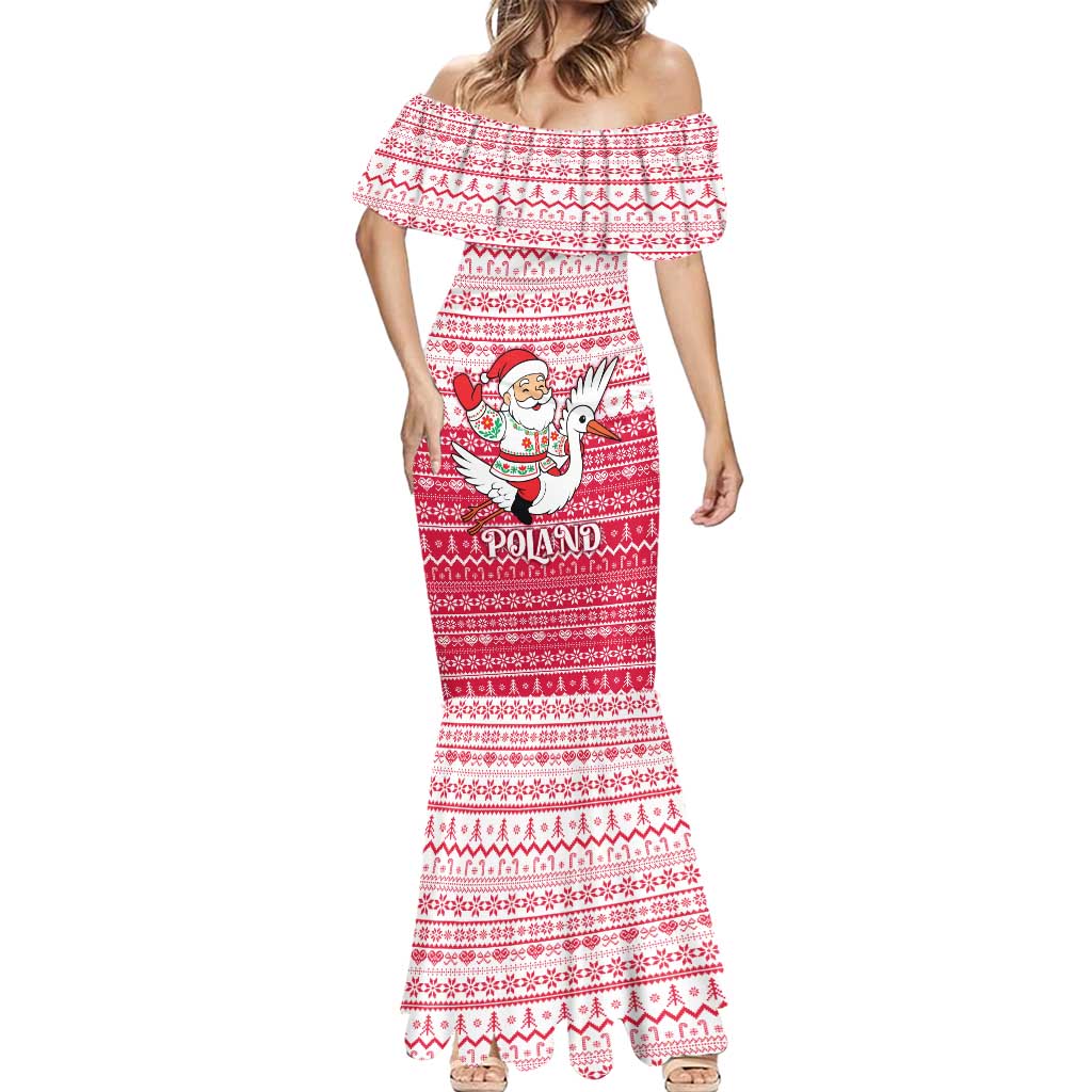 Poland Christmas Mermaid Dress with Santa Riding Stork White Eagle Emblem and Red Snowflake Knit Pattern Design - Wonder Print Shop
