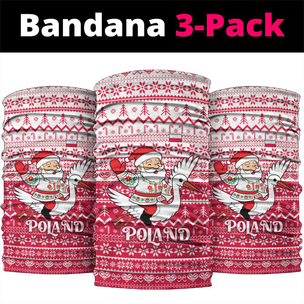 Poland Christmas Neck Gaiter with Santa Riding Stork White Eagle Emblem and Red Snowflake Knit Pattern Design - Wonder Print Shop