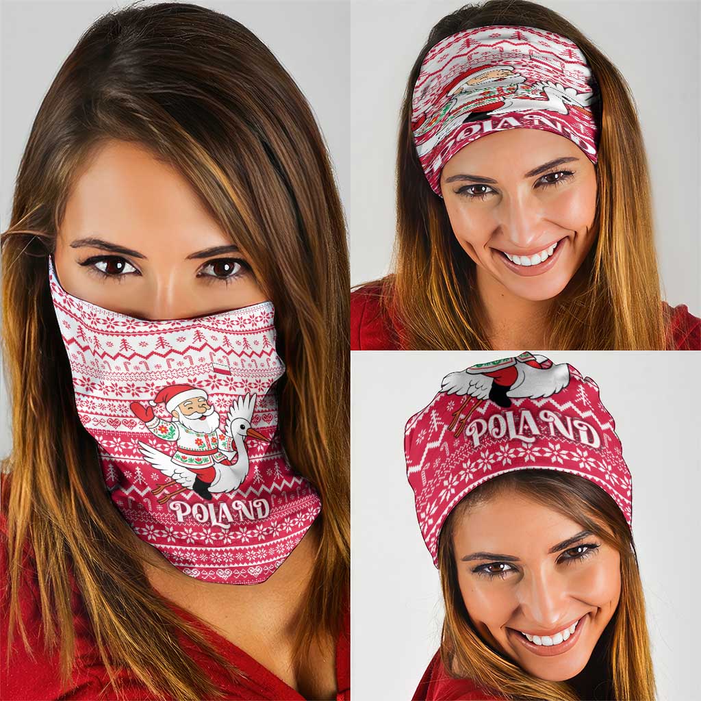 Poland Christmas Neck Gaiter with Santa Riding Stork White Eagle Emblem and Red Snowflake Knit Pattern Design - Wonder Print Shop