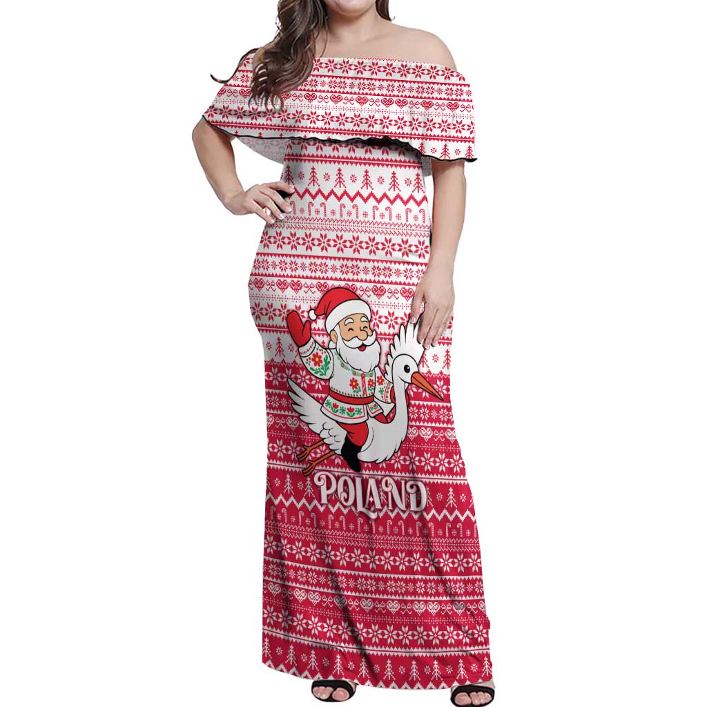 Poland Christmas Off Shoulder Maxi Dress with Santa Riding Stork White Eagle Emblem and Red Snowflake Knit Pattern Design - Wonder Print Shop