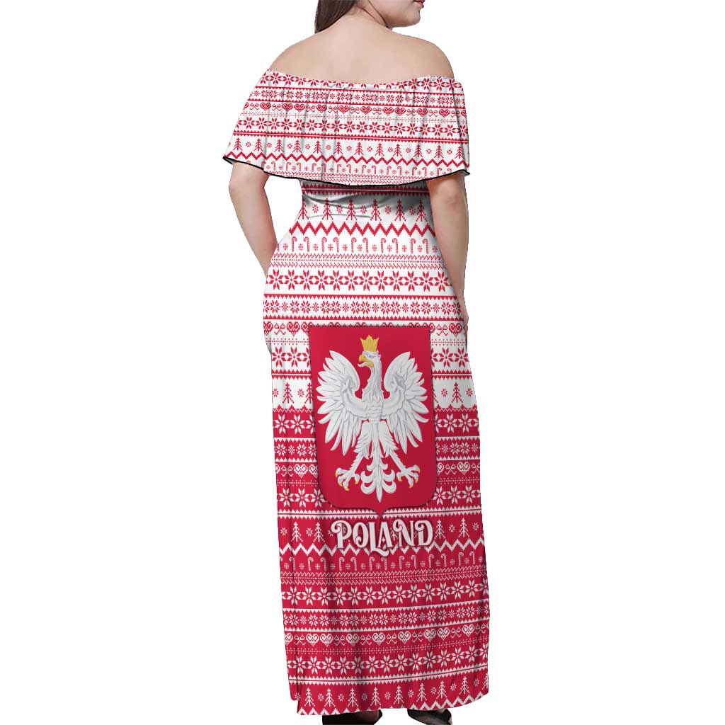 Poland Christmas Off Shoulder Maxi Dress with Santa Riding Stork White Eagle Emblem and Red Snowflake Knit Pattern Design - Wonder Print Shop
