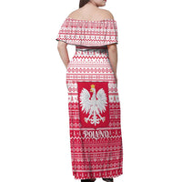 Poland Christmas Off Shoulder Maxi Dress with Santa Riding Stork White Eagle Emblem and Red Snowflake Knit Pattern Design - Wonder Print Shop