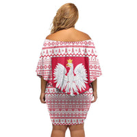Poland Christmas Off Shoulder Short Dress with Santa Riding Stork White Eagle Emblem and Red Snowflake Knit Pattern Design - Wonder Print Shop