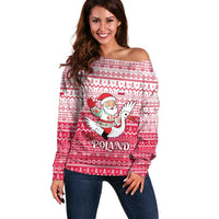Poland Christmas Off Shoulder Sweater with Santa Riding Stork White Eagle Emblem and Red Snowflake Knit Pattern Design - Wonder Print Shop