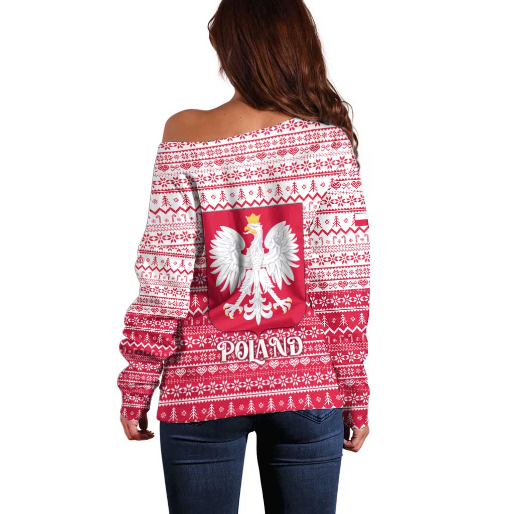 Poland Christmas Off Shoulder Sweater with Santa Riding Stork White Eagle Emblem and Red Snowflake Knit Pattern Design - Wonder Print Shop