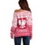 Poland Christmas Off Shoulder Sweater with Santa Riding Stork White Eagle Emblem and Red Snowflake Knit Pattern Design - Wonder Print Shop