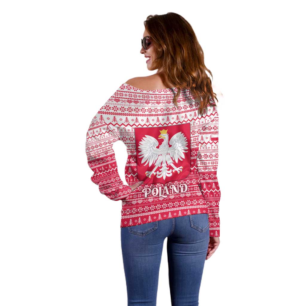 Poland Christmas Off Shoulder Sweater with Santa Riding Stork White Eagle Emblem and Red Snowflake Knit Pattern Design - Wonder Print Shop