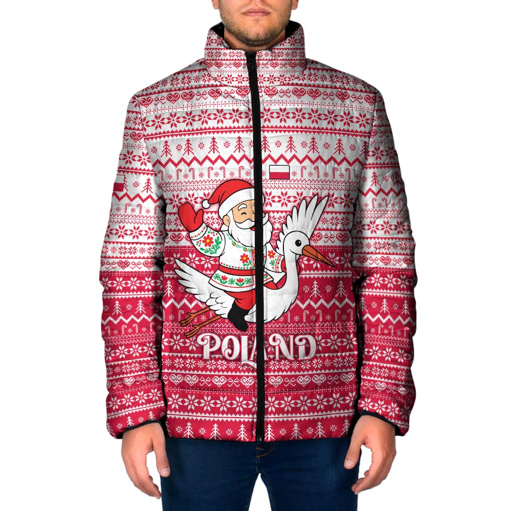Poland Christmas Padded Jacket with Santa Riding Stork White Eagle Emblem and Red Snowflake Knit Pattern Design - Wonder Print Shop