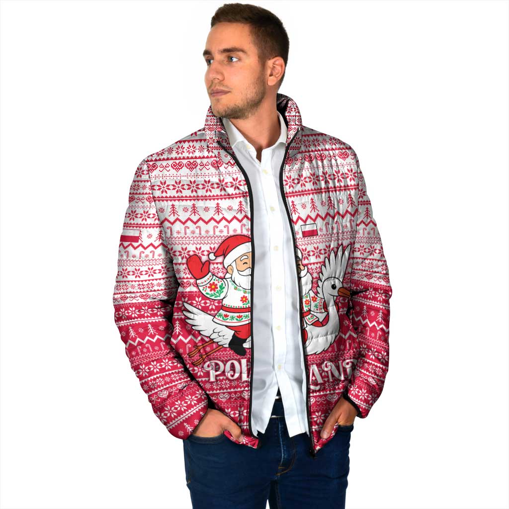 Poland Christmas Padded Jacket with Santa Riding Stork White Eagle Emblem and Red Snowflake Knit Pattern Design - Wonder Print Shop