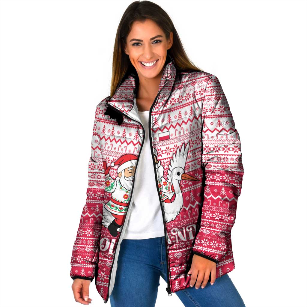 Poland Christmas Padded Jacket with Santa Riding Stork White Eagle Emblem and Red Snowflake Knit Pattern Design - Wonder Print Shop