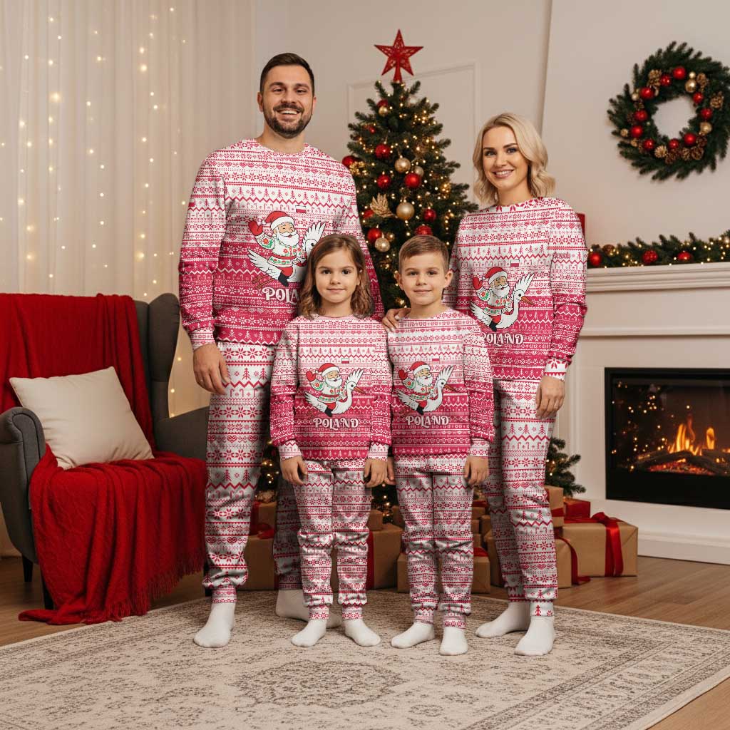 Poland Christmas Pajama Set with Santa Riding Stork White Eagle Emblem and Red Snowflake Knit Pattern Design - Wonder Print Shop