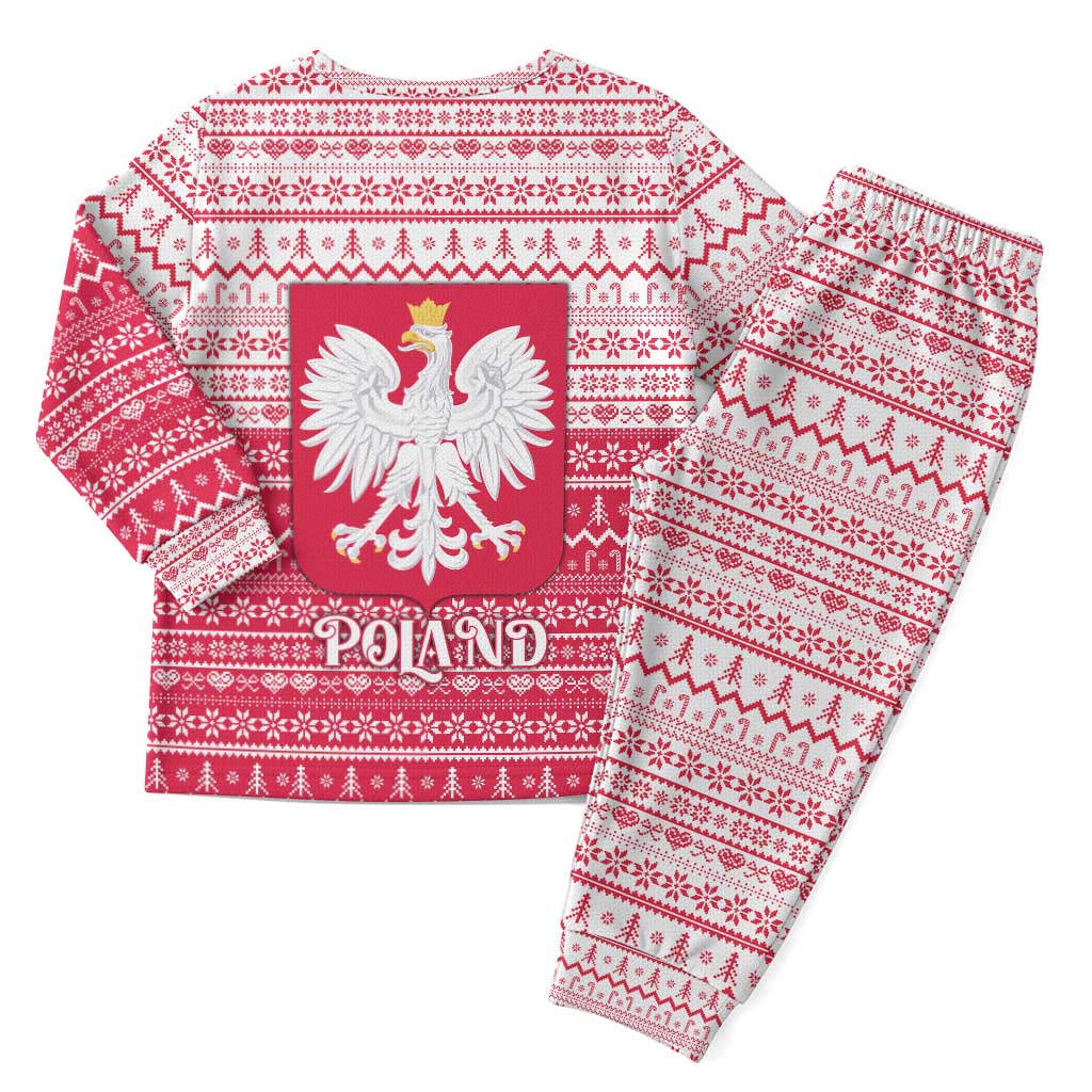 Poland Christmas Pajama Set with Santa Riding Stork White Eagle Emblem and Red Snowflake Knit Pattern Design - Wonder Print Shop