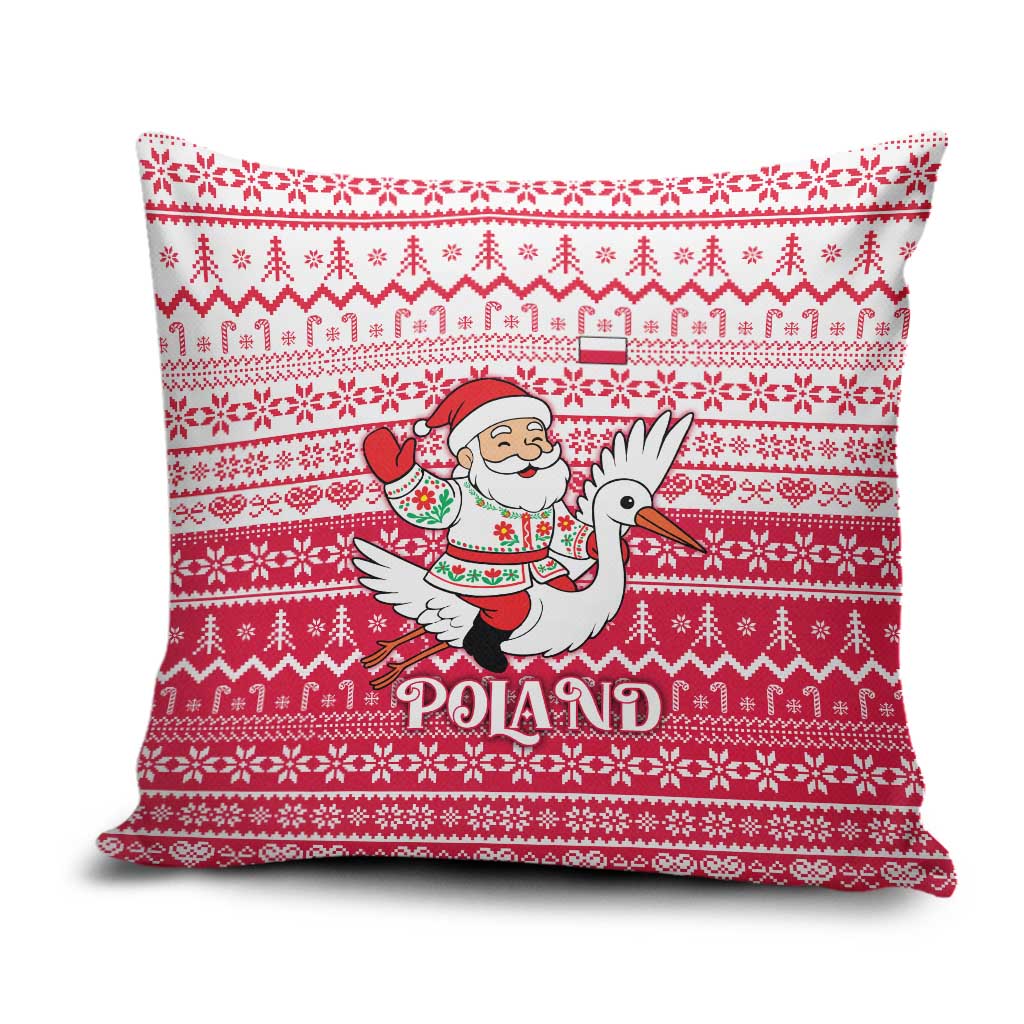 Poland Christmas Pillow Cover with Santa Riding Stork White Eagle Emblem and Red Snowflake Knit Pattern Design - Wonder Print Shop