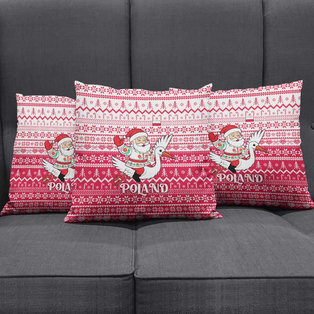 Poland Christmas Pillow Cover with Santa Riding Stork White Eagle Emblem and Red Snowflake Knit Pattern Design - Wonder Print Shop