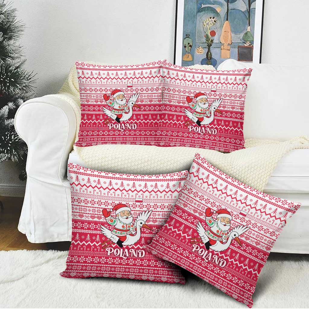 Poland Christmas Pillow Cover with Santa Riding Stork White Eagle Emblem and Red Snowflake Knit Pattern Design - Wonder Print Shop