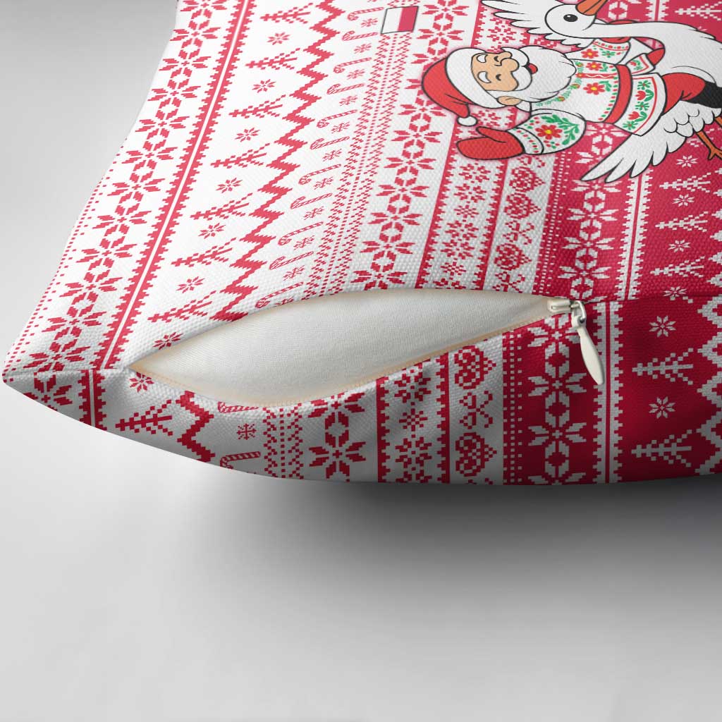 Poland Christmas Pillow Cover with Santa Riding Stork White Eagle Emblem and Red Snowflake Knit Pattern Design - Wonder Print Shop