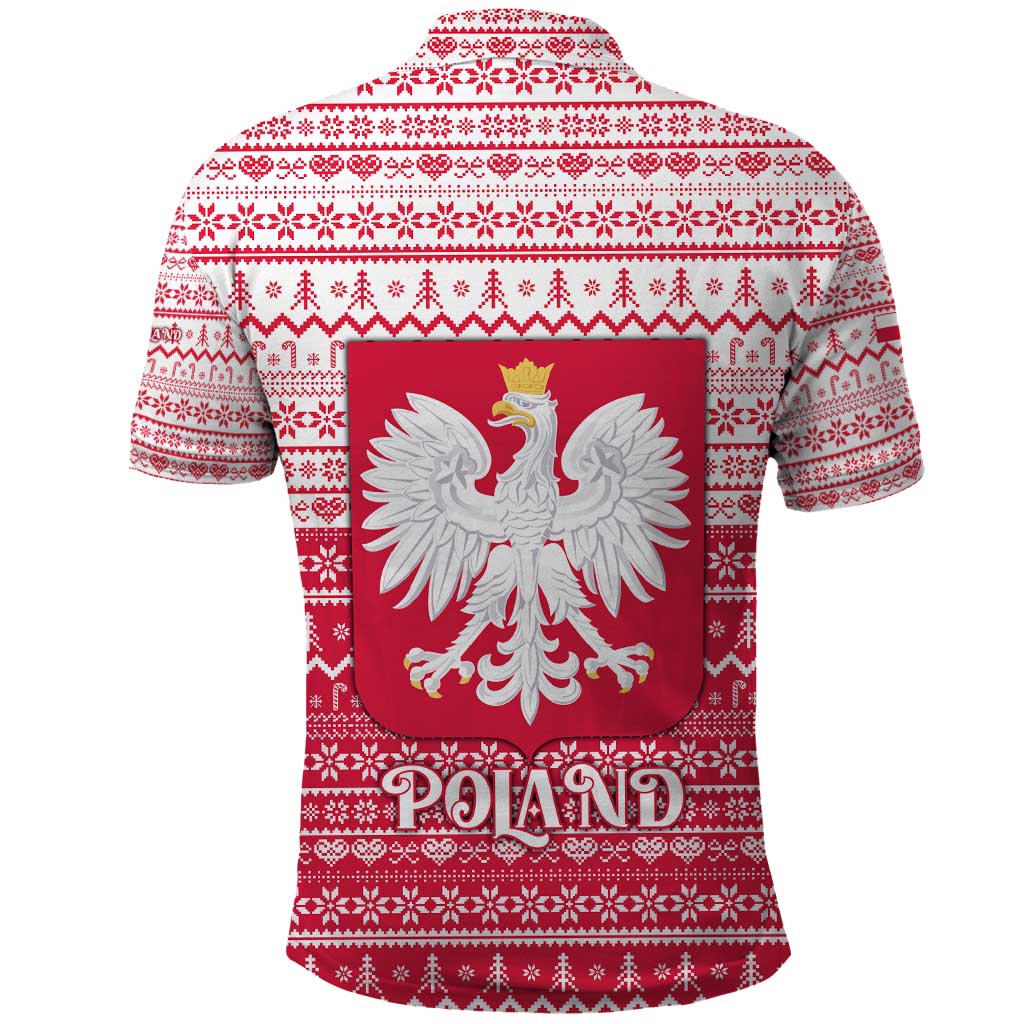Poland Christmas Polo Shirt with Santa Riding Stork White Eagle Emblem and Red Snowflake Knit Pattern Design - Wonder Print Shop