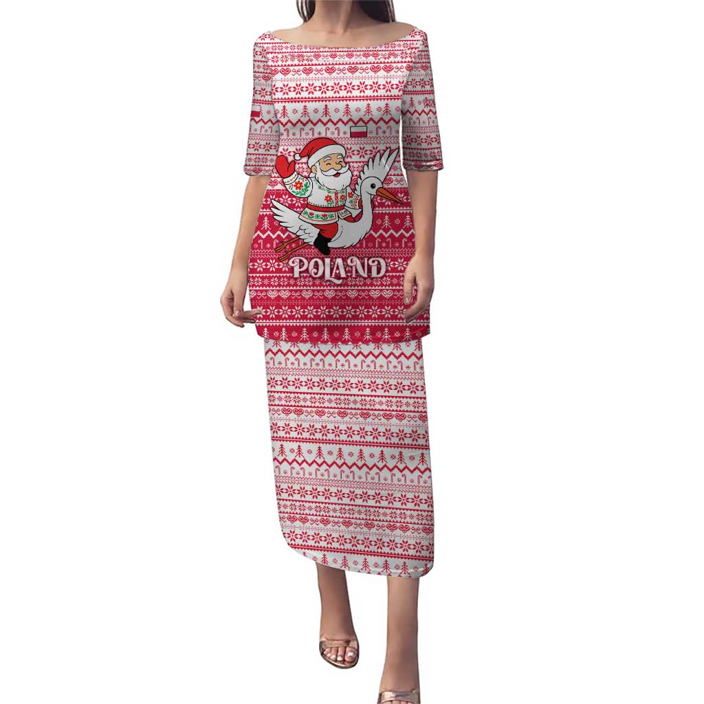 Poland Christmas Puletasi with Santa Riding Stork White Eagle Emblem and Red Snowflake Knit Pattern Design - Wonder Print Shop