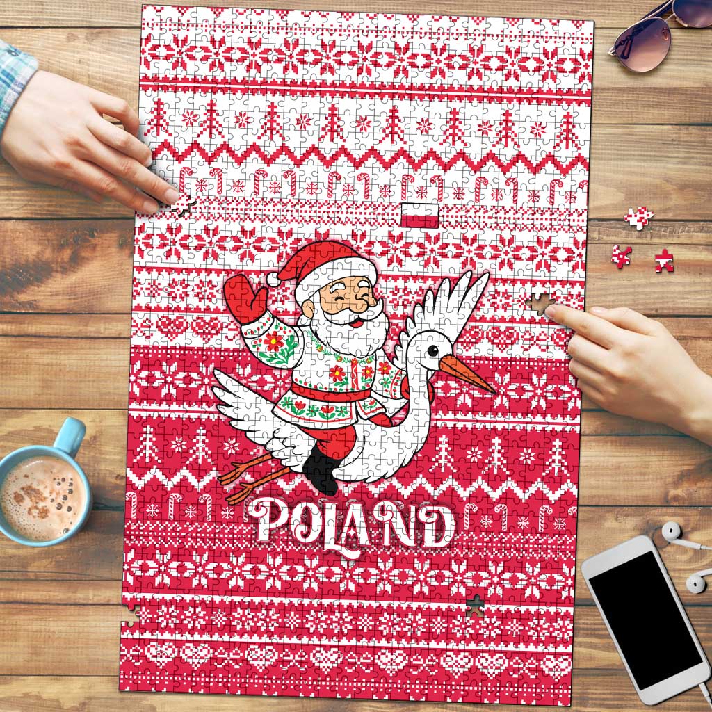Poland Christmas Puzzle with Santa Riding Stork White Eagle Emblem and Red Snowflake Knit Pattern Design - Wonder Print Shop