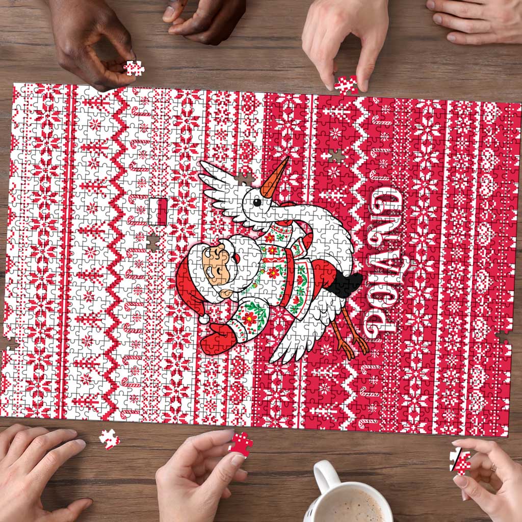 Poland Christmas Puzzle with Santa Riding Stork White Eagle Emblem and Red Snowflake Knit Pattern Design - Wonder Print Shop