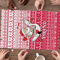 Poland Christmas Puzzle with Santa Riding Stork White Eagle Emblem and Red Snowflake Knit Pattern Design - Wonder Print Shop
