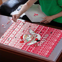 Poland Christmas Puzzle with Santa Riding Stork White Eagle Emblem and Red Snowflake Knit Pattern Design - Wonder Print Shop