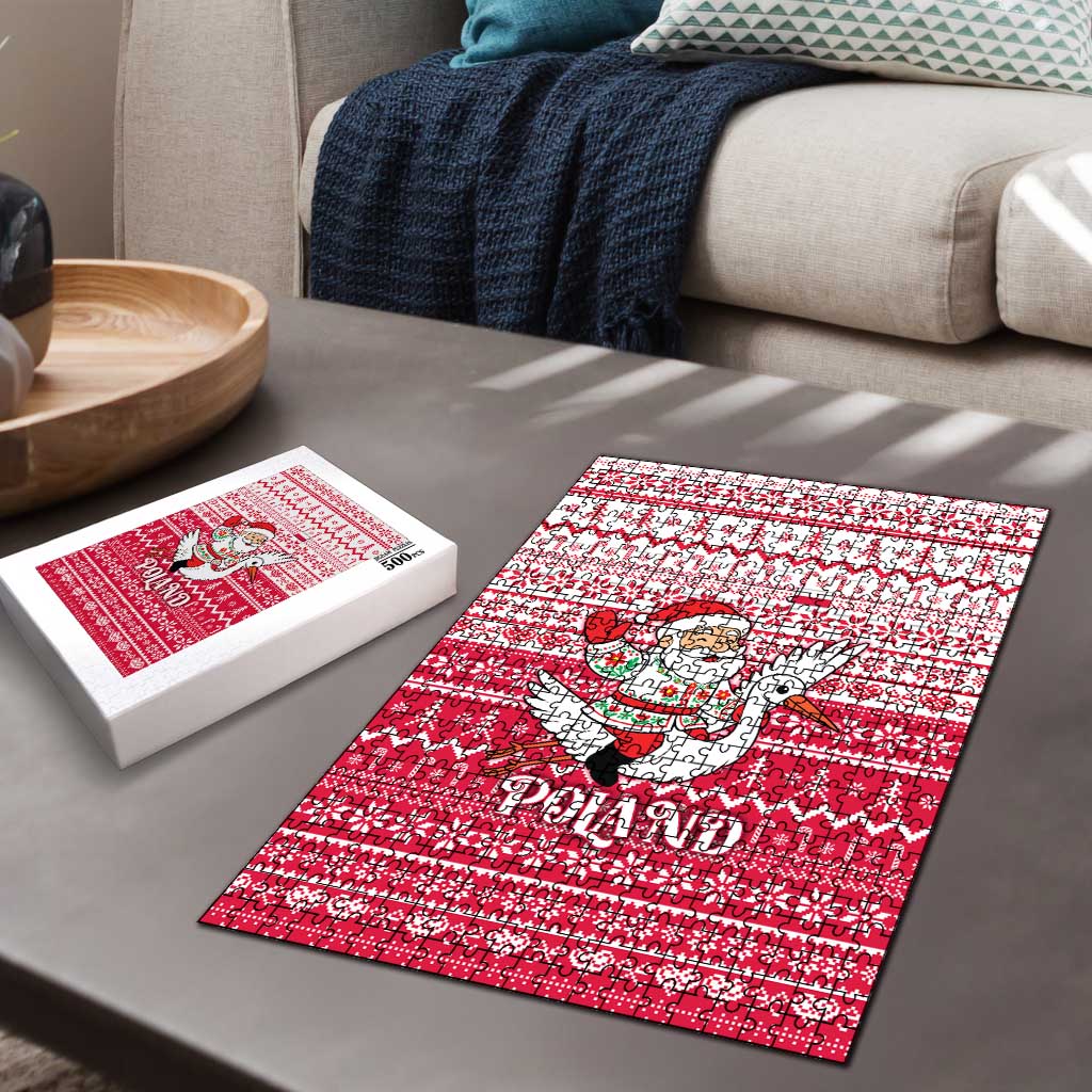 Poland Christmas Puzzle with Santa Riding Stork White Eagle Emblem and Red Snowflake Knit Pattern Design - Wonder Print Shop