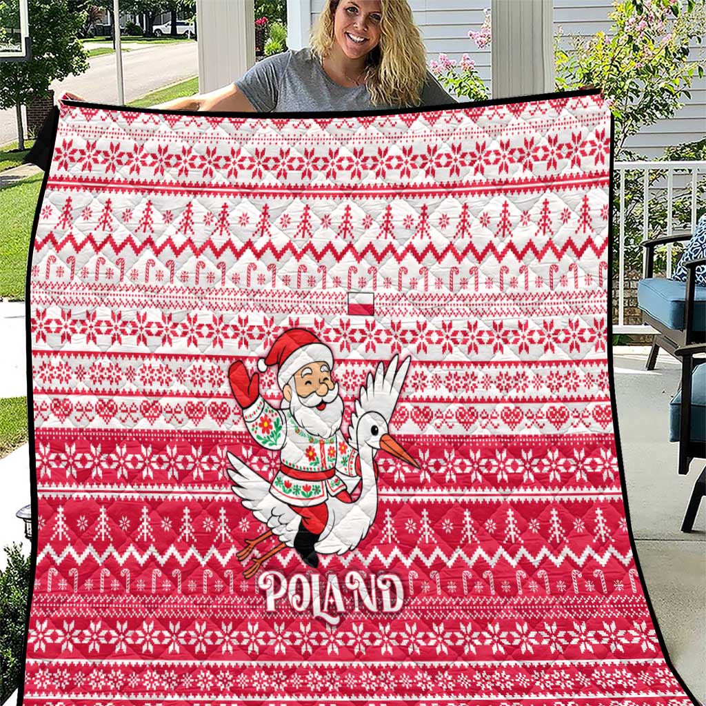 Poland Christmas Quilt with Santa Riding Stork White Eagle Emblem and Red Snowflake Knit Pattern Design - Wonder Print Shop