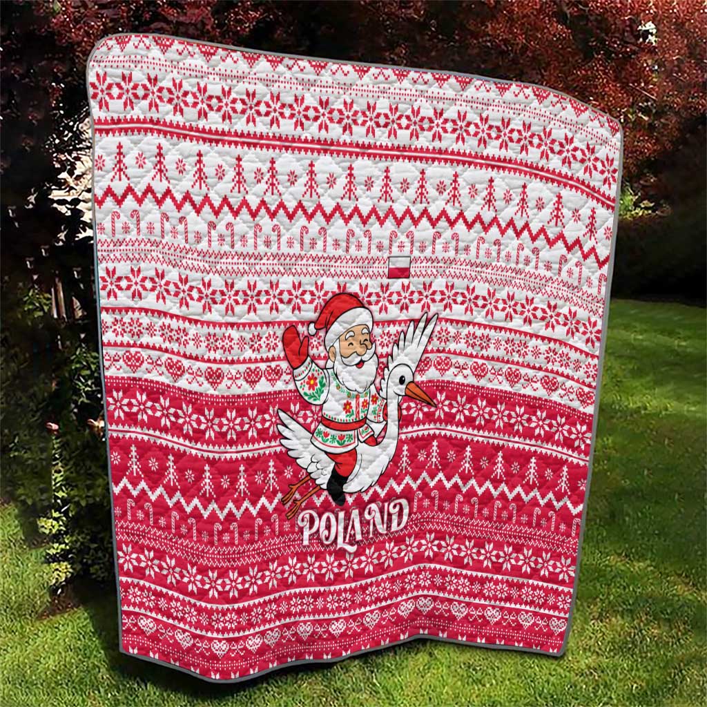 Poland Christmas Quilt with Santa Riding Stork White Eagle Emblem and Red Snowflake Knit Pattern Design - Wonder Print Shop