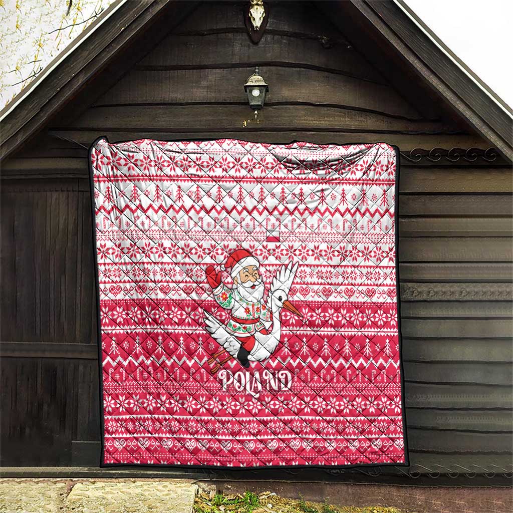 Poland Christmas Quilt with Santa Riding Stork White Eagle Emblem and Red Snowflake Knit Pattern Design - Wonder Print Shop