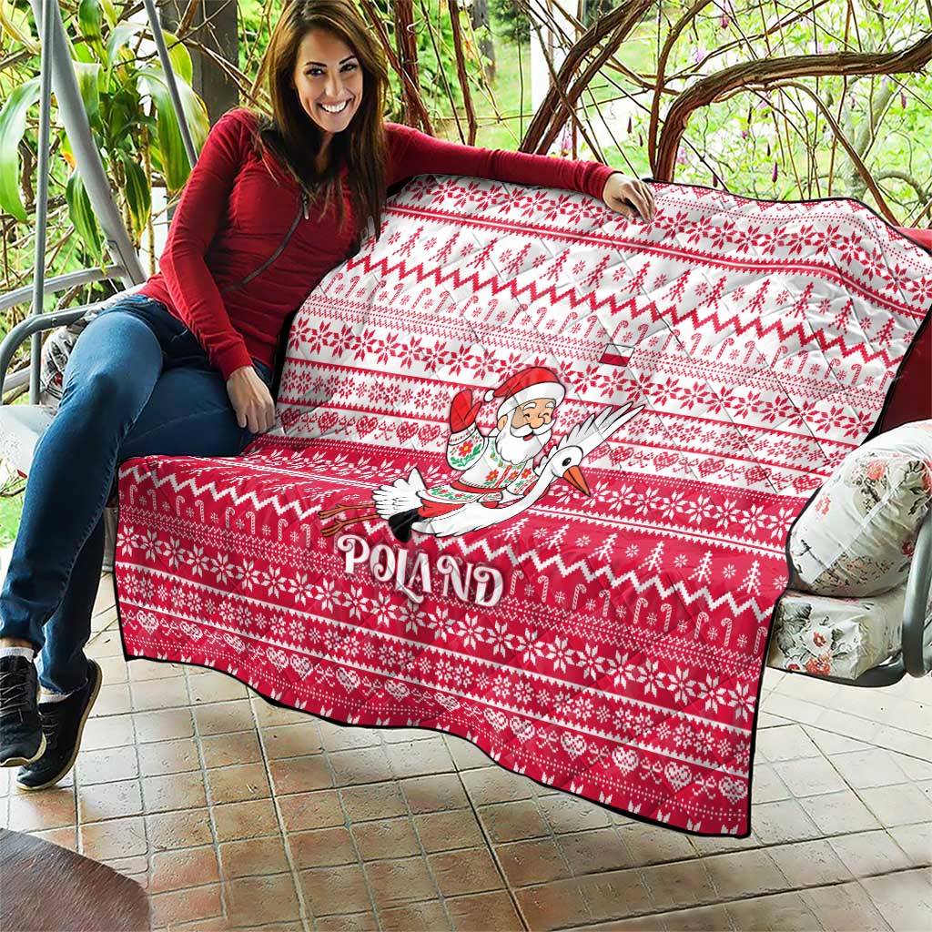 Poland Christmas Quilt with Santa Riding Stork White Eagle Emblem and Red Snowflake Knit Pattern Design - Wonder Print Shop