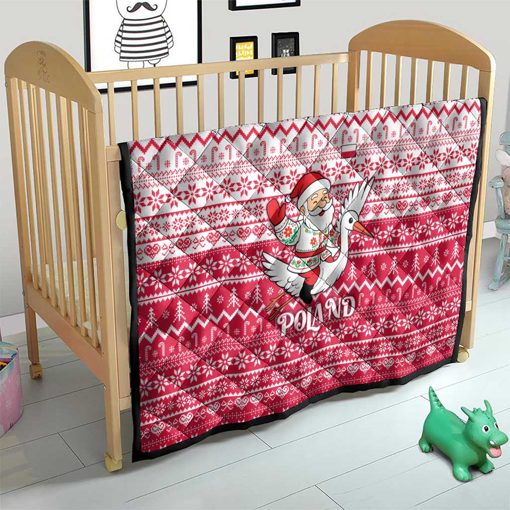Poland Christmas Quilt with Santa Riding Stork White Eagle Emblem and Red Snowflake Knit Pattern Design - Wonder Print Shop