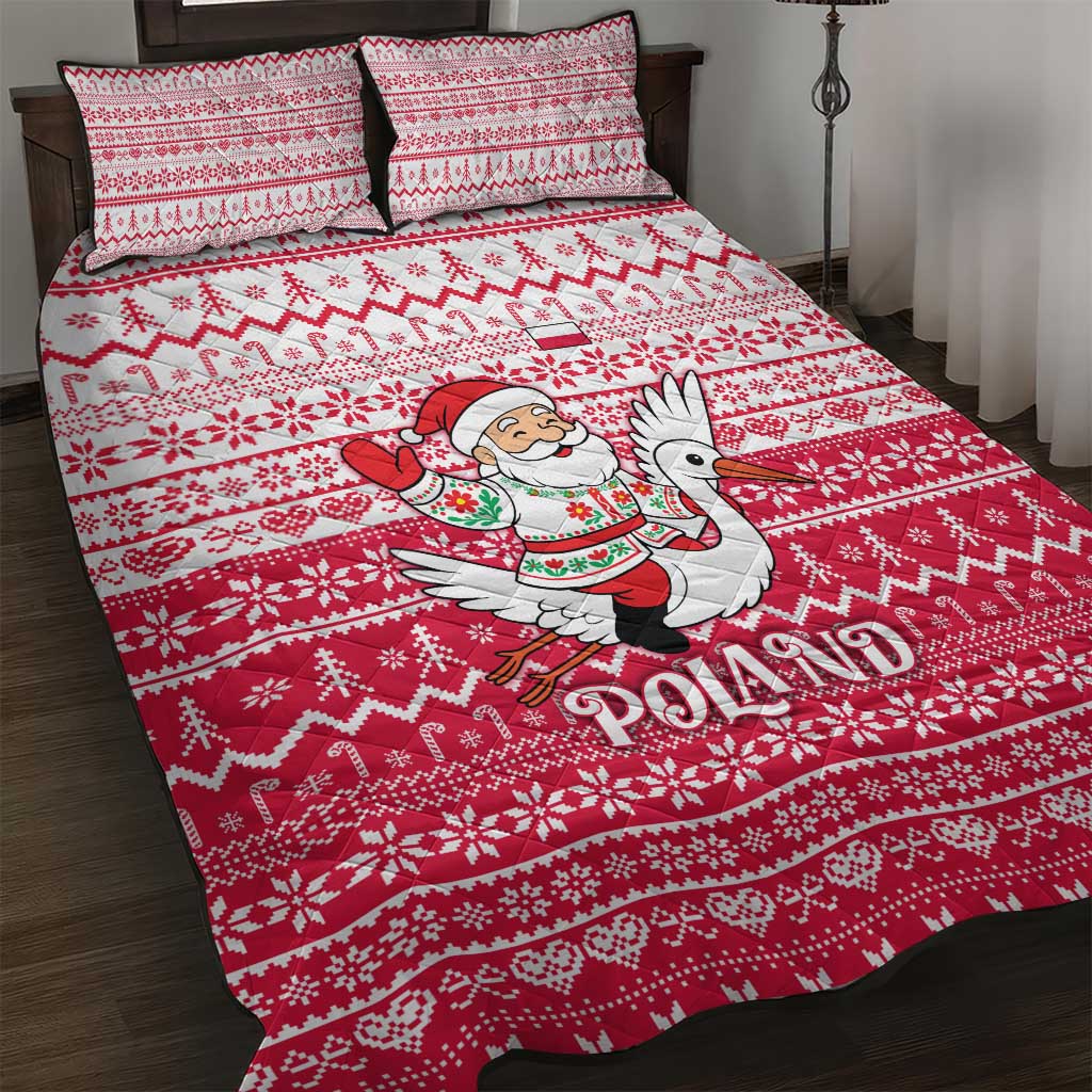 Poland Christmas Quilt Bed Set with Santa Riding Stork White Eagle Emblem and Red Snowflake Knit Pattern Design - Wonder Print Shop