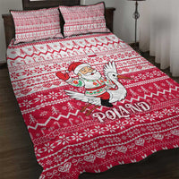 Poland Christmas Quilt Bed Set with Santa Riding Stork White Eagle Emblem and Red Snowflake Knit Pattern Design - Wonder Print Shop