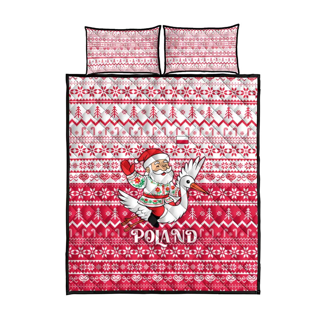 Poland Christmas Quilt Bed Set with Santa Riding Stork White Eagle Emblem and Red Snowflake Knit Pattern Design - Wonder Print Shop