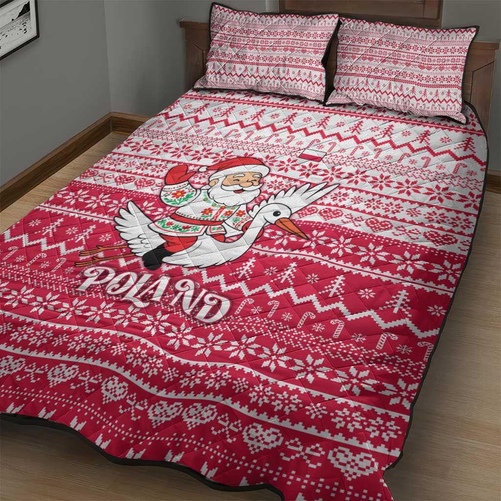 Poland Christmas Quilt Bed Set with Santa Riding Stork White Eagle Emblem and Red Snowflake Knit Pattern Design - Wonder Print Shop