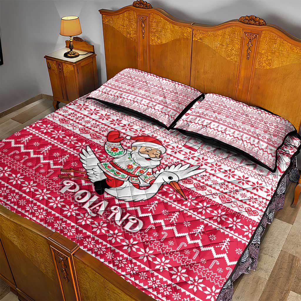 Poland Christmas Quilt Bed Set with Santa Riding Stork White Eagle Emblem and Red Snowflake Knit Pattern Design - Wonder Print Shop
