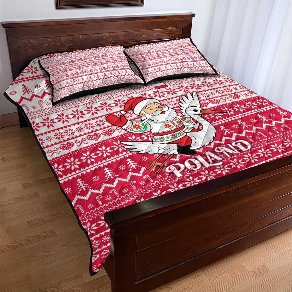 Poland Christmas Quilt Bed Set with Santa Riding Stork White Eagle Emblem and Red Snowflake Knit Pattern Design - Wonder Print Shop