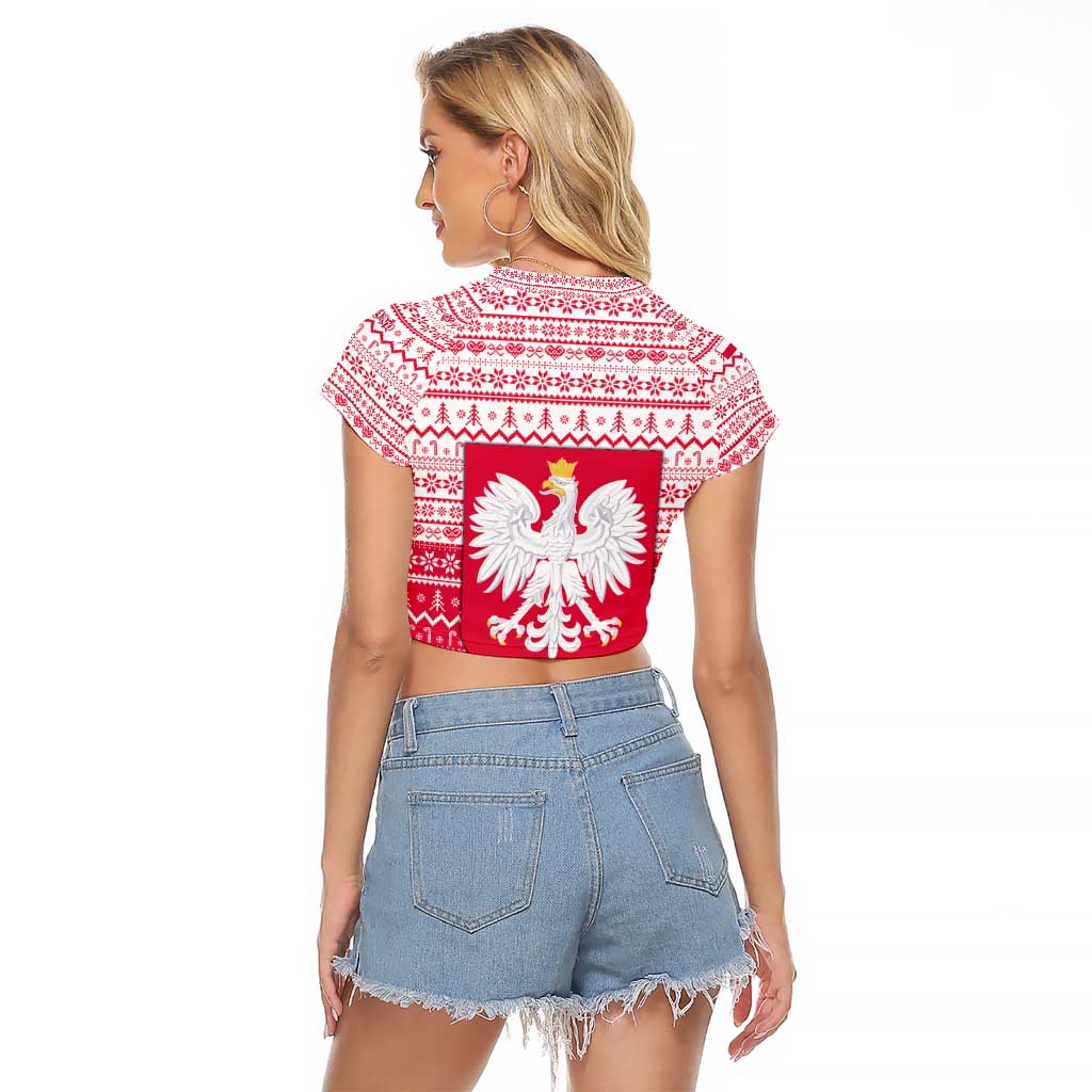 Poland Christmas Raglan Cropped T Shirt with Santa Riding Stork White Eagle Emblem and Red Snowflake Knit Pattern Design - Wonder Print Shop