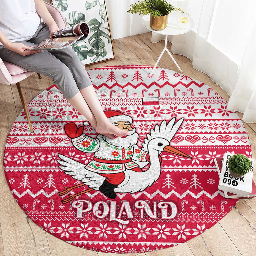 Poland Christmas Round Carpet with Santa Riding Stork White Eagle Emblem and Red Snowflake Knit Pattern Design - Wonder Print Shop
