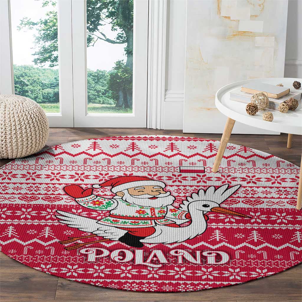 Poland Christmas Round Carpet with Santa Riding Stork White Eagle Emblem and Red Snowflake Knit Pattern Design - Wonder Print Shop
