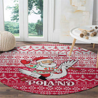 Poland Christmas Round Carpet with Santa Riding Stork White Eagle Emblem and Red Snowflake Knit Pattern Design - Wonder Print Shop