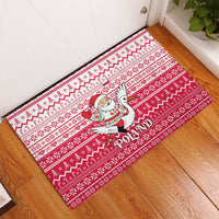Poland Christmas Rubber Doormat with Santa Riding Stork White Eagle Emblem and Red Snowflake Knit Pattern Design - Wonder Print Shop
