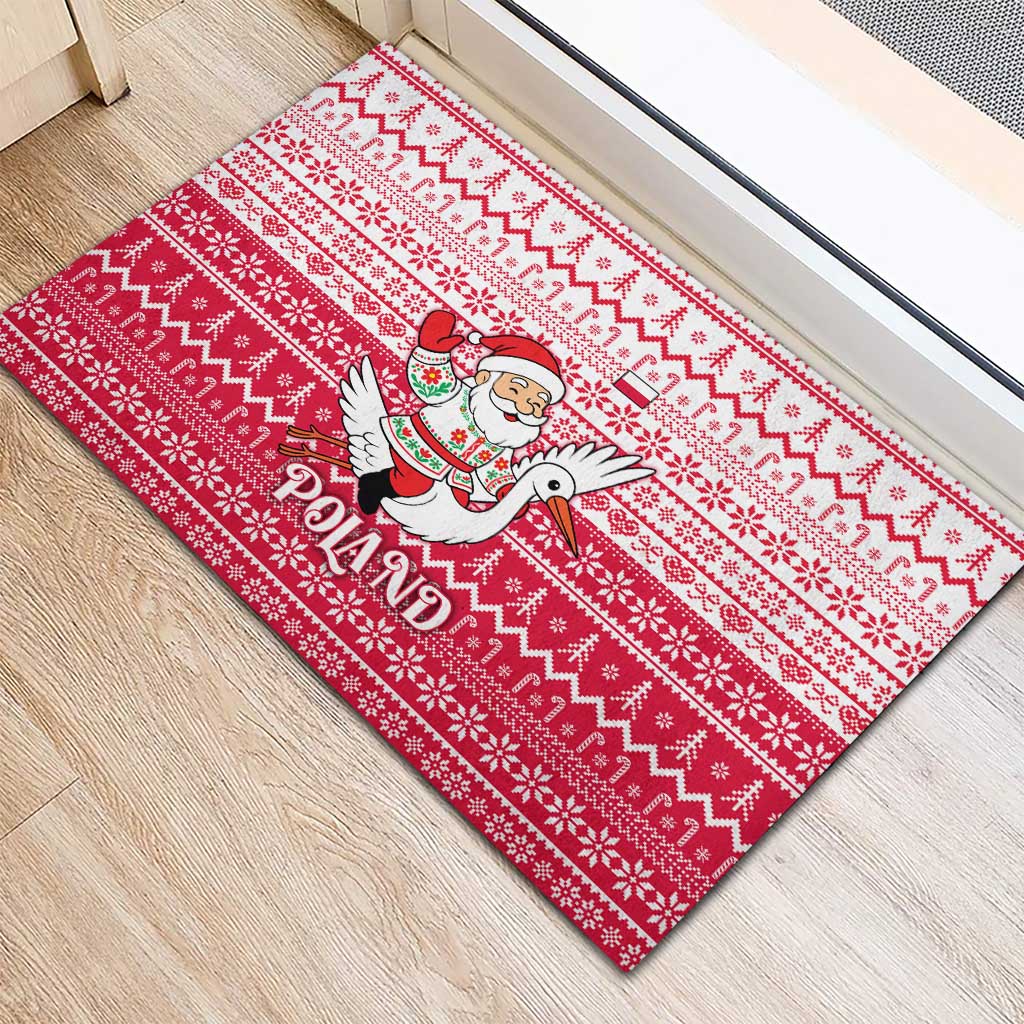 Poland Christmas Rubber Doormat with Santa Riding Stork White Eagle Emblem and Red Snowflake Knit Pattern Design - Wonder Print Shop