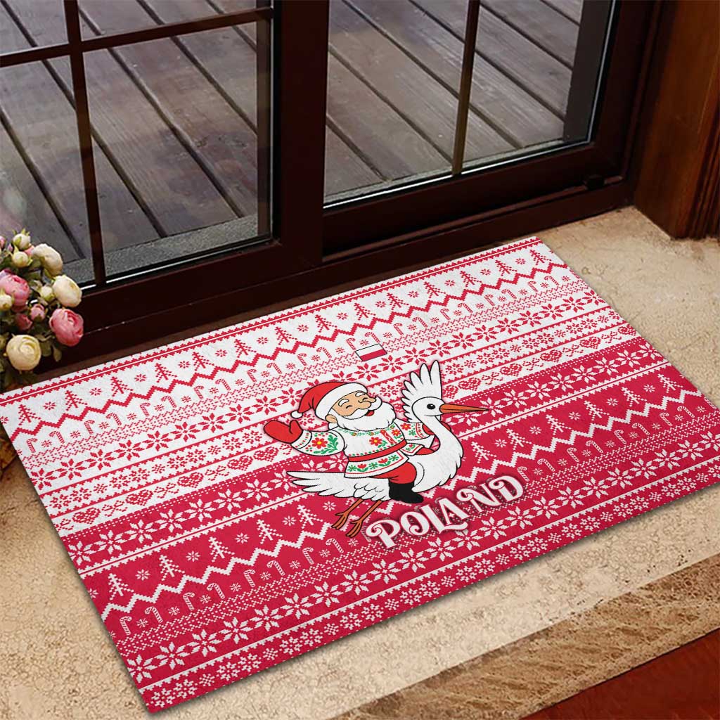 Poland Christmas Rubber Doormat with Santa Riding Stork White Eagle Emblem and Red Snowflake Knit Pattern Design - Wonder Print Shop