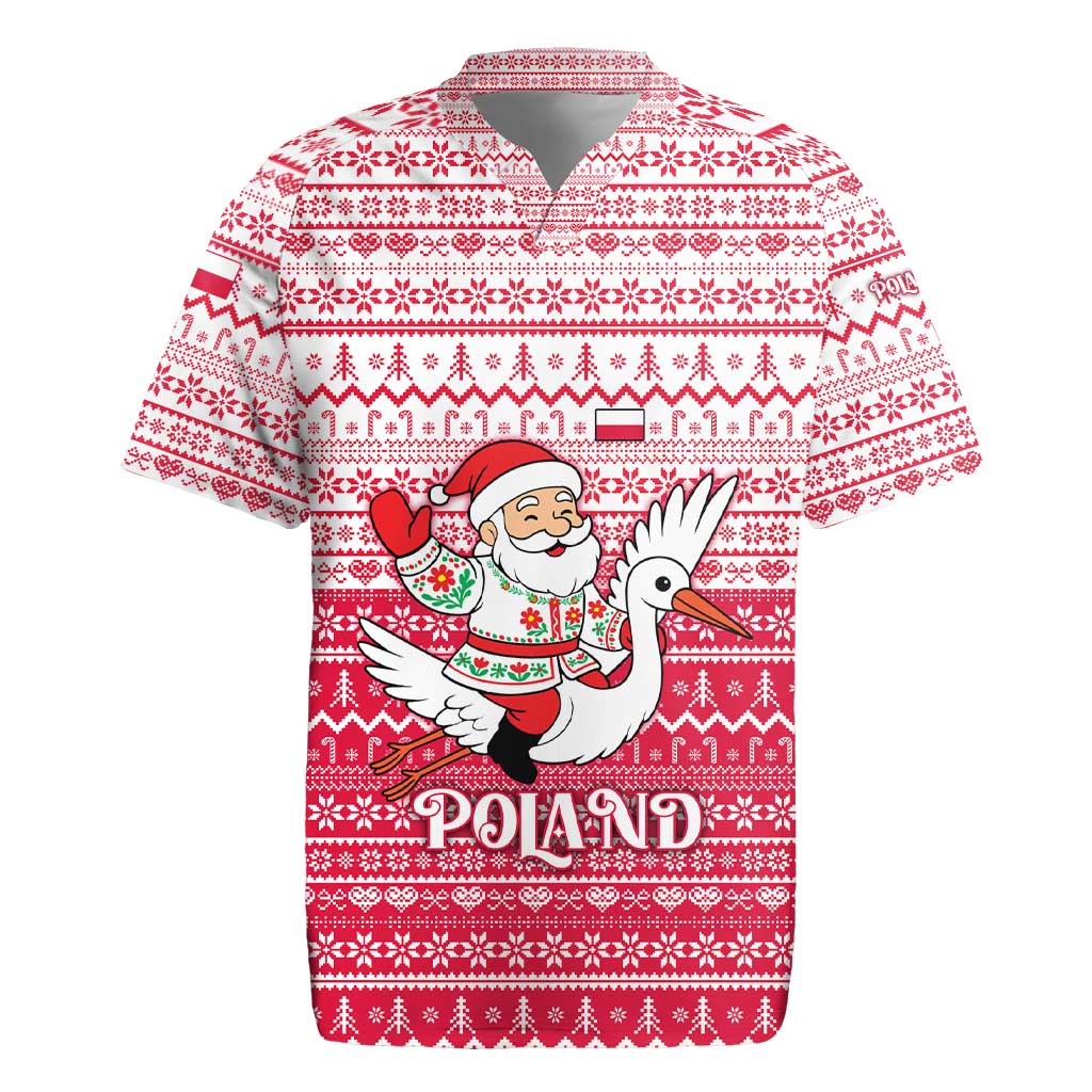 Poland Christmas Rugby Jersey with Santa Riding Stork White Eagle Emblem and Red Snowflake Knit Pattern Design - Wonder Print Shop