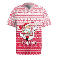 Poland Christmas Rugby Jersey with Santa Riding Stork White Eagle Emblem and Red Snowflake Knit Pattern Design - Wonder Print Shop
