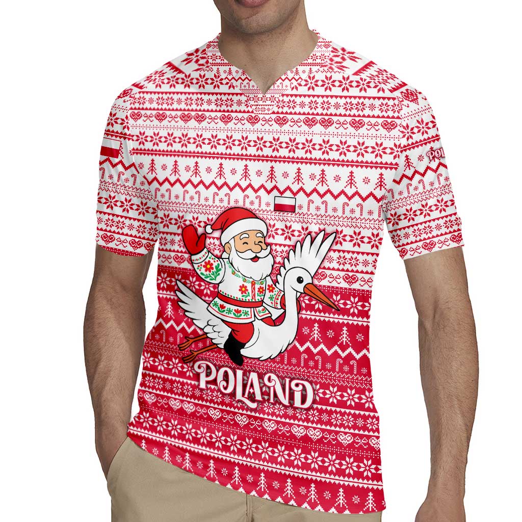 Poland Christmas Rugby Jersey with Santa Riding Stork White Eagle Emblem and Red Snowflake Knit Pattern Design - Wonder Print Shop