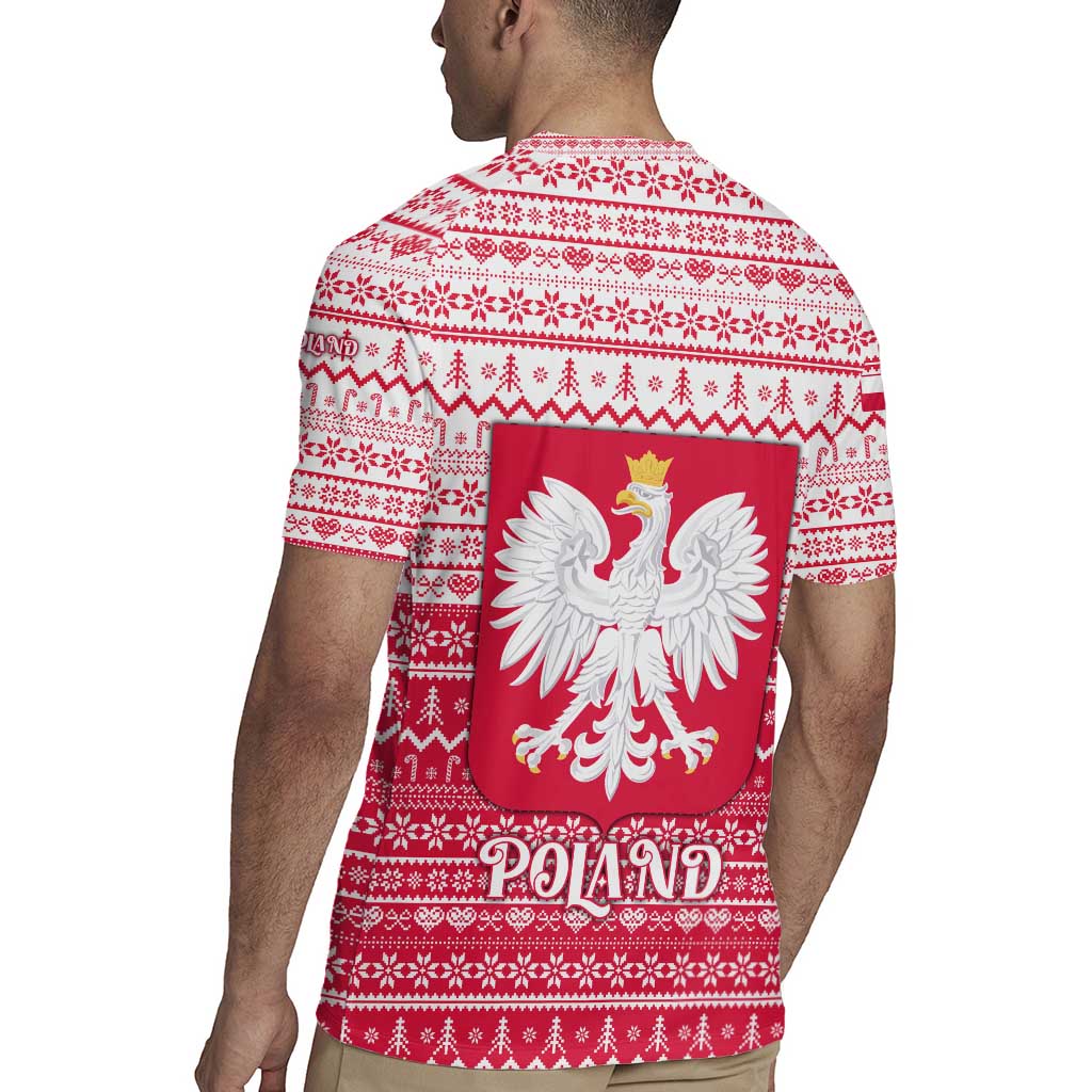 Poland Christmas Rugby Jersey with Santa Riding Stork White Eagle Emblem and Red Snowflake Knit Pattern Design - Wonder Print Shop